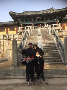 Sonya Kim and her family at Bulguksa, a temple in Gyeongju, Korea.