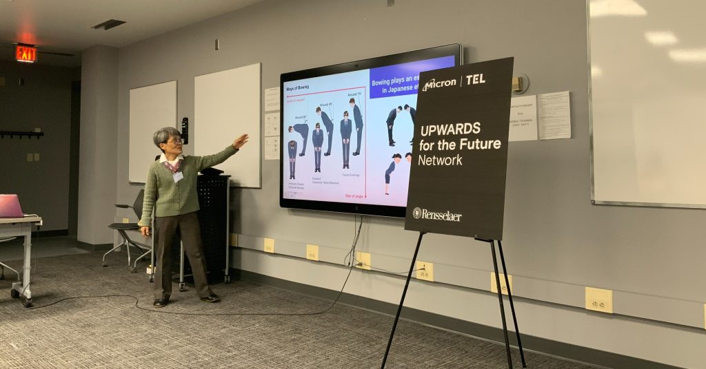 Japanese instructor explains proper business etiquette to a group of professors and staff at RPI, in advance of a trip to Japan.